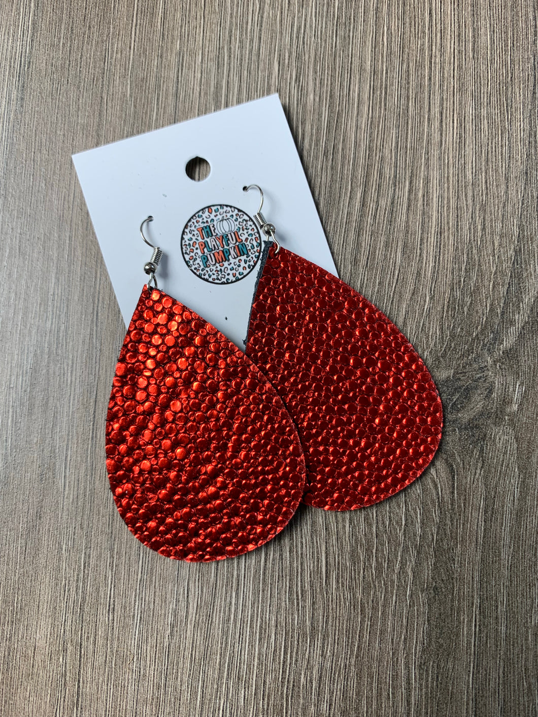 Red Metallic Teardrop Leather Earrings