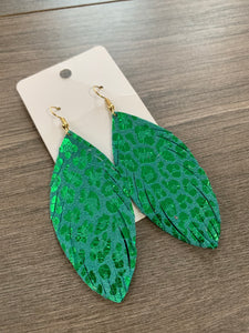 Green Leopard Teardrop Fringe Leather Earrings