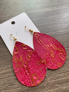 Pink and Gold Teardrop Leather Earrings
