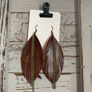 Brown Feather Fringe with Chain Leather Earrings