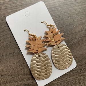 Gold Cork Pineapple Leather Earrings
