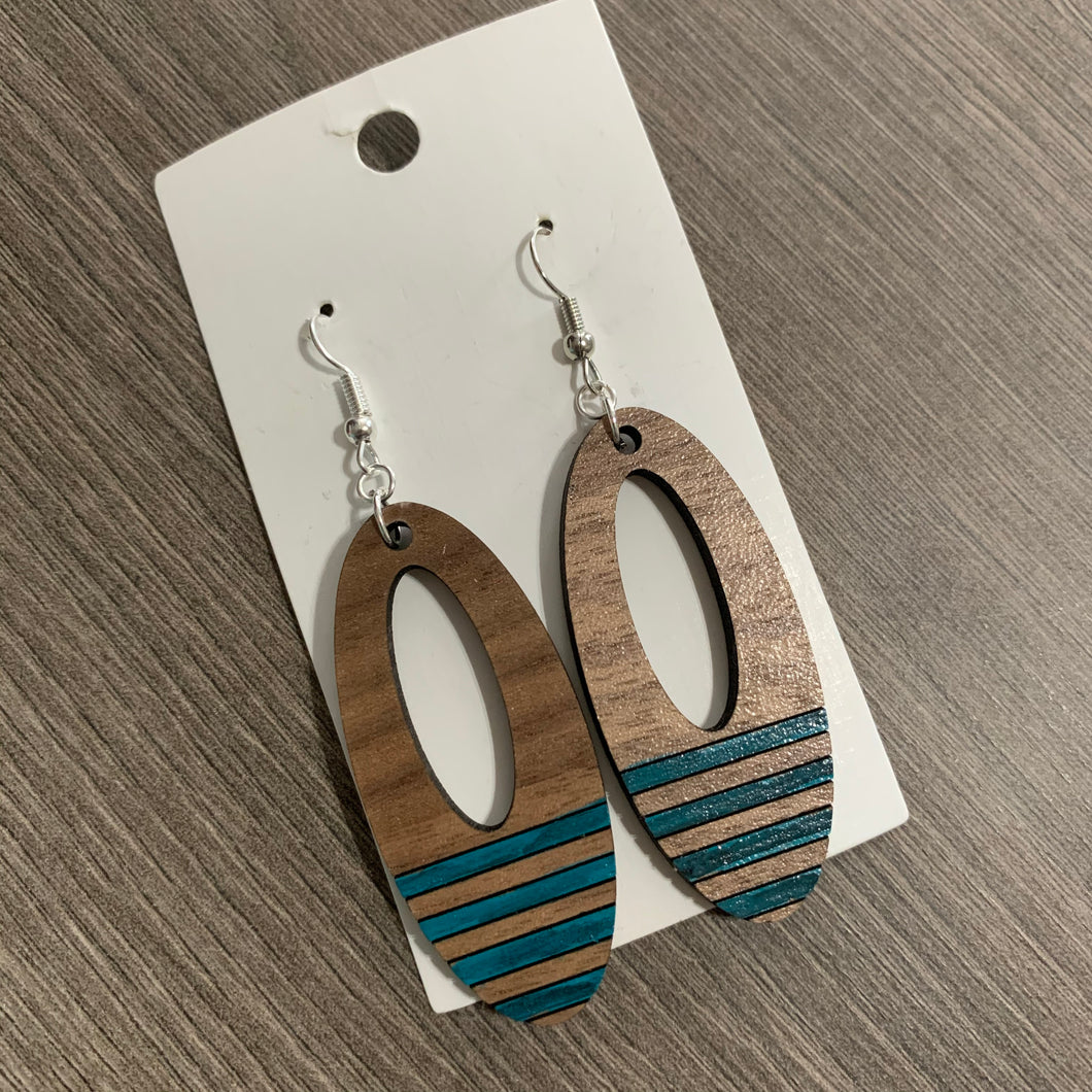 Wooden Oval Engraved and Painted Stripe Earrings