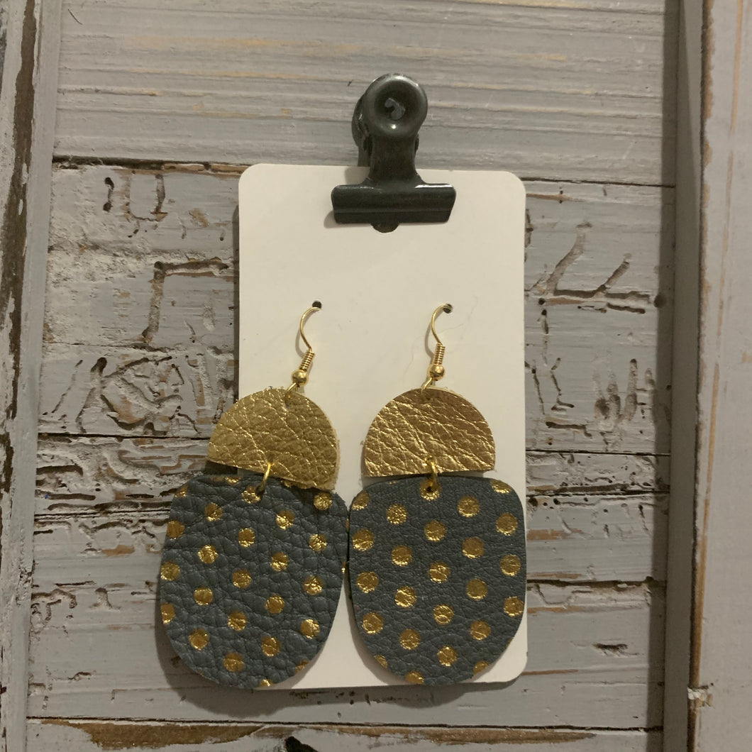Gray and Gold Polkadot Drop Leather Earrings