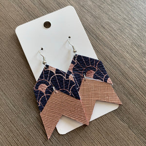 Navy And Rose Gold Chevron Leather Earrings