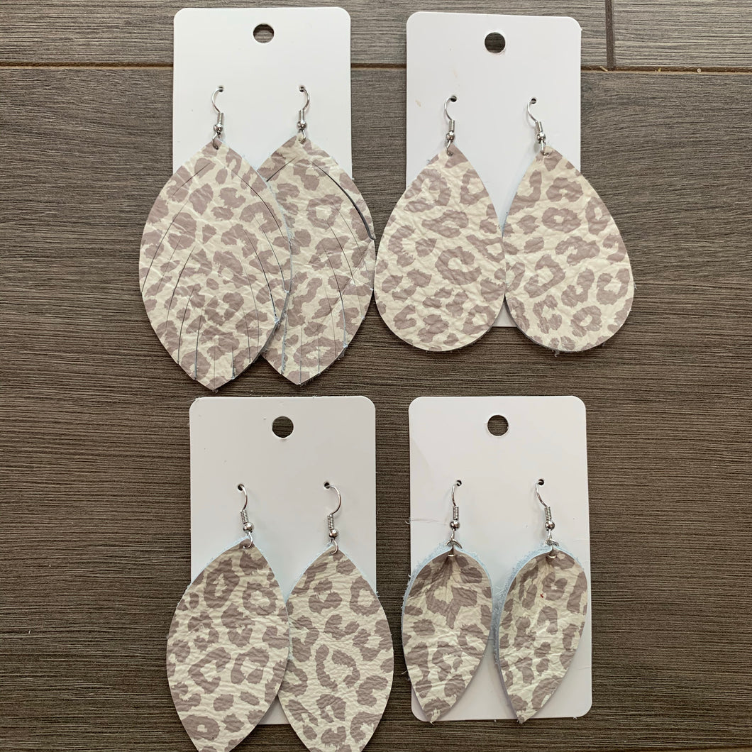Gray Beige Animal Print Leather Earrings