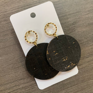 Black Gold Speck Cork Post Leather Earrings