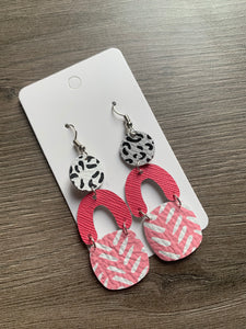 Black White and Pink Mix it Up Drop Leather Earrings