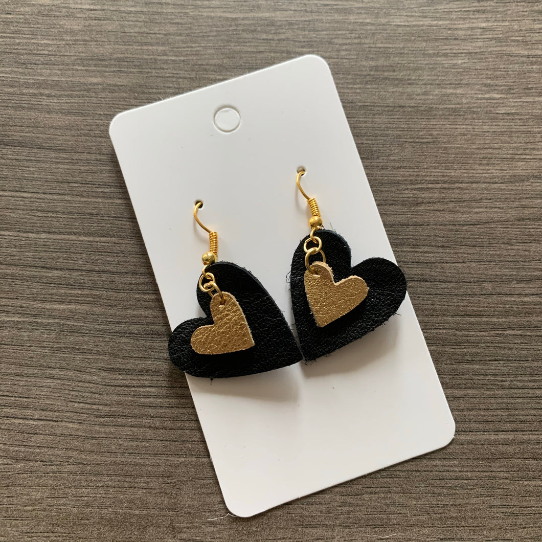 Small Black and Gold Heart Leather Earrings