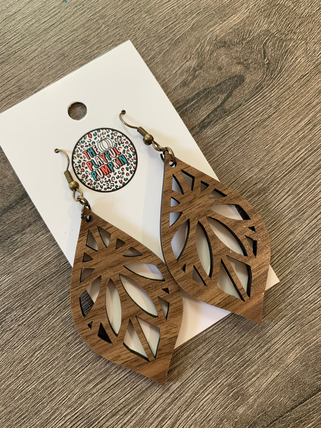 Wood Ornate Leaf Earrings