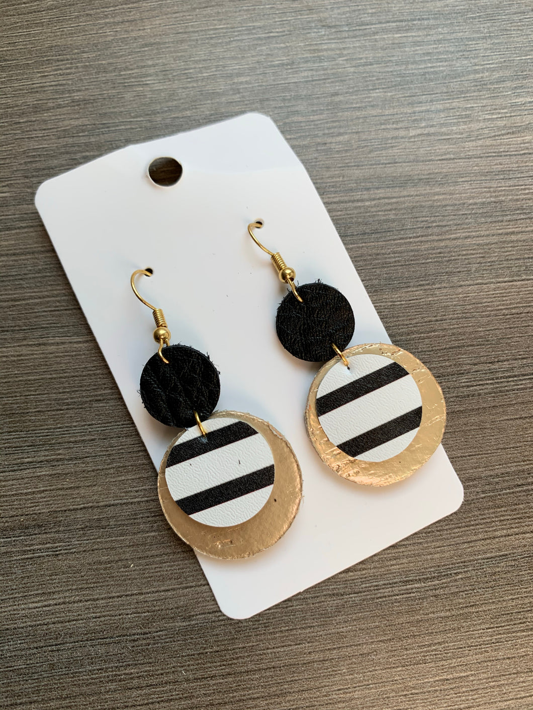 Black and Gold Circle Drop Leather Earrings