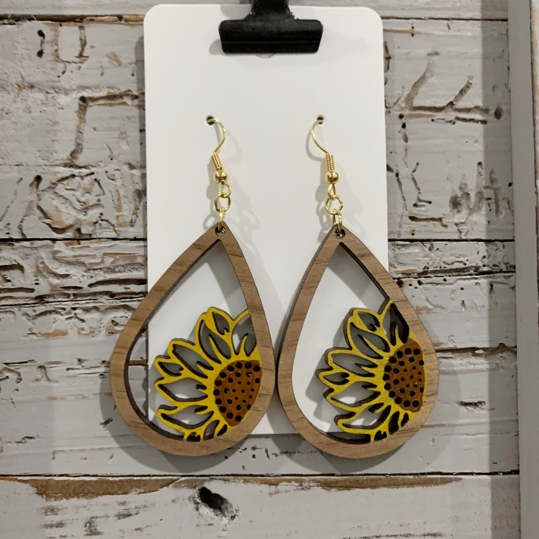 Wood Sunflower Painted Earrings