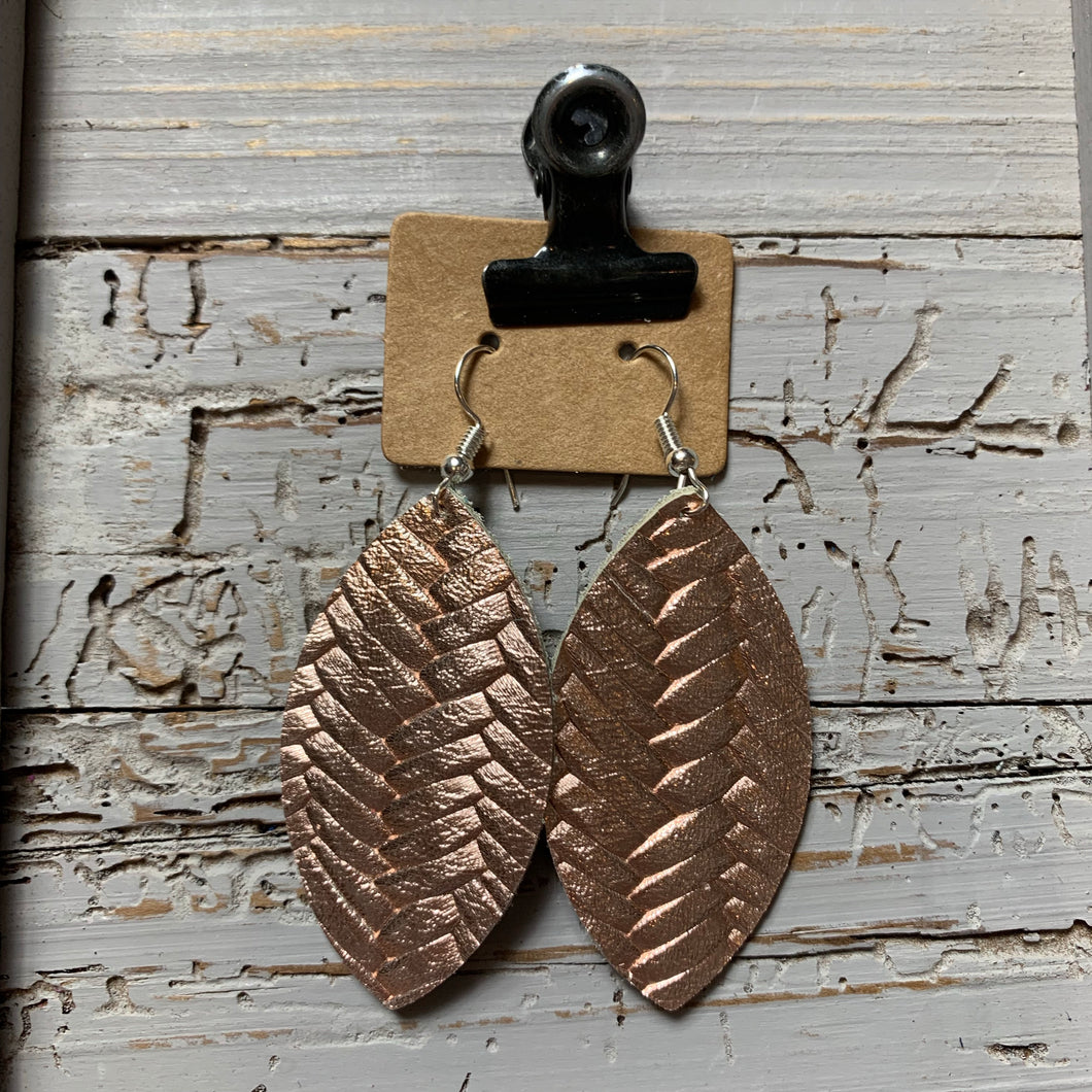 Rose Gold Braided Leaf Leather Earrings