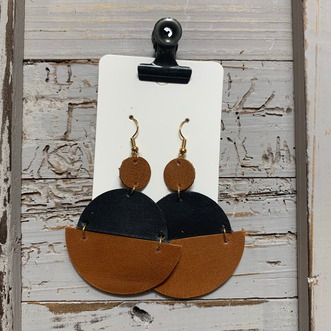 Brown and Black Circle Drop Leather Earrings