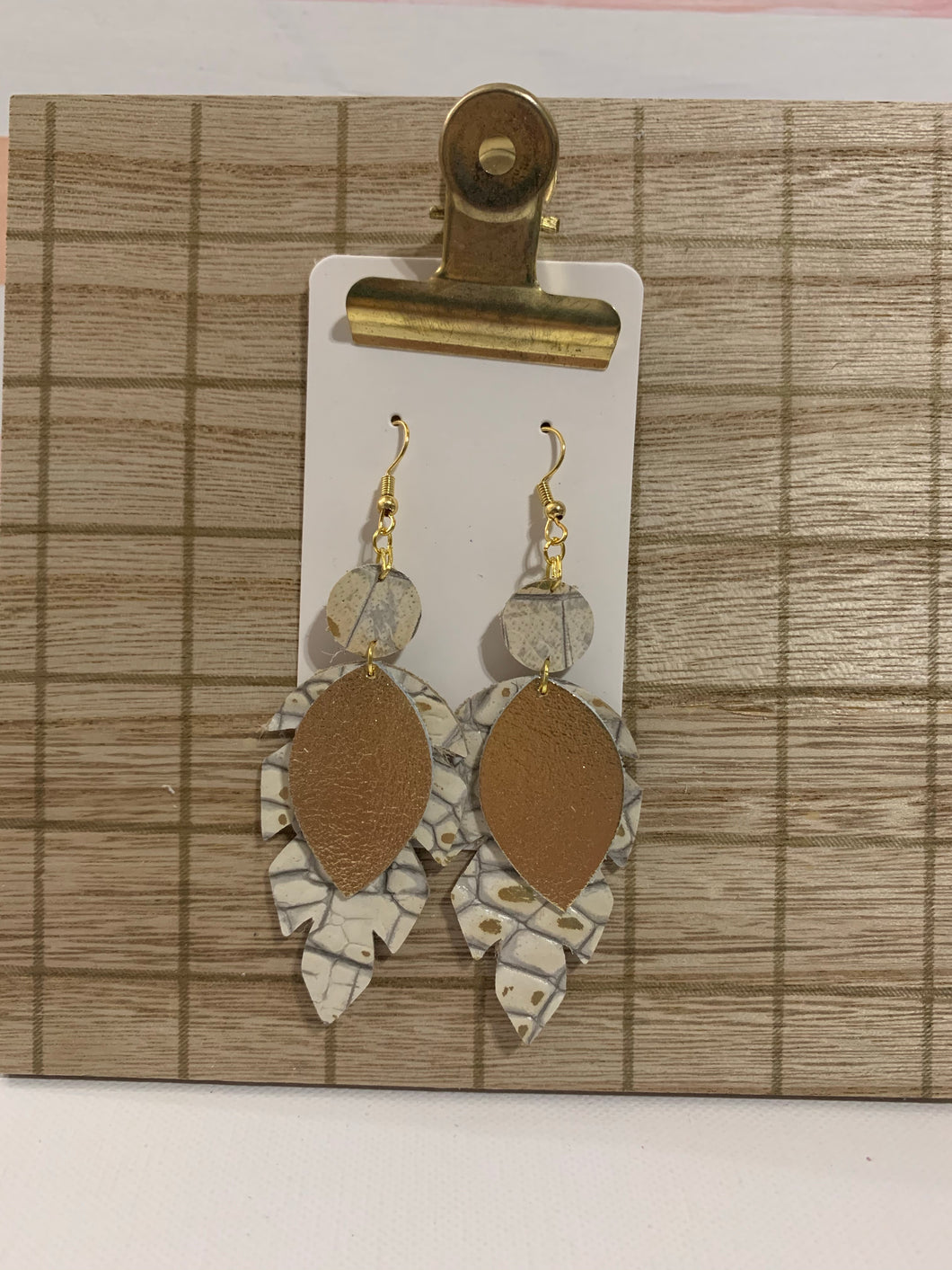 Gold and Ivory Jungle Leaf Leather Earrings