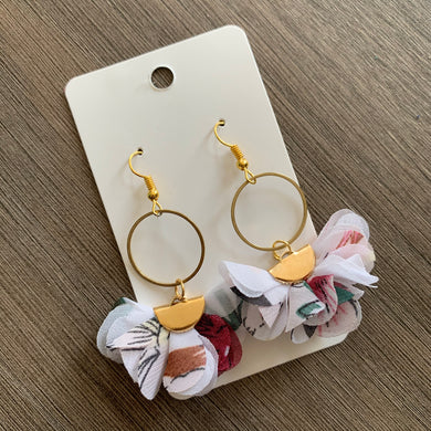 White Floral Fabric Drop Earrings