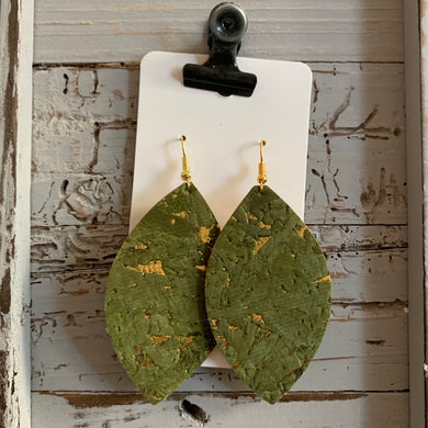 Green and Gold Speck Leaf Cork Leather Earrings