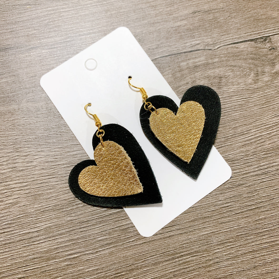Black and Gold Heart Leather Earrings