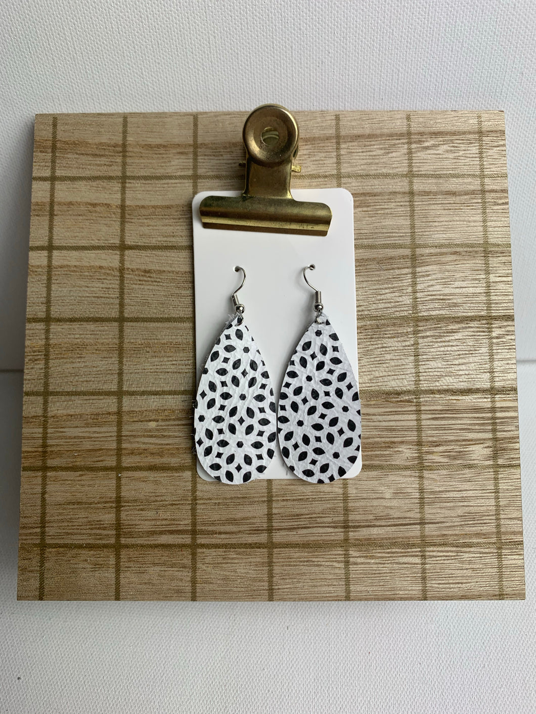 Small Black and White Teardrop Leather Earrings