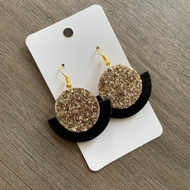 Black and Gold Glitter Small Circle Leather Earrings