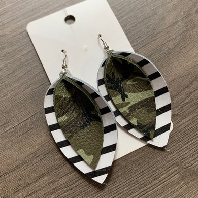 Black and White Camo Striped Double Petal Leather Earrings