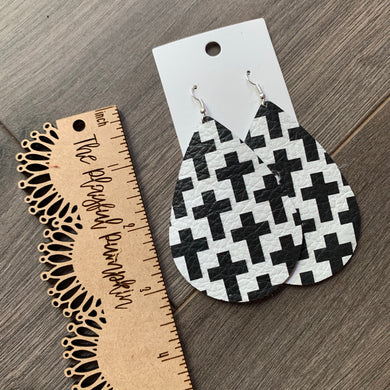 Large Black and White Crosses Teardrop Leather Earrings