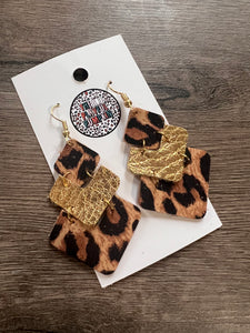 Leopard Triple Drop Leather Earrings