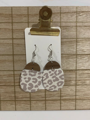 Wood and Neutral Leopard Leather Earrings