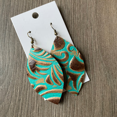Brown and Turquoise Leaf Leather Earrings
