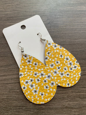 Yellow Floral Teardrop Leather Earrings