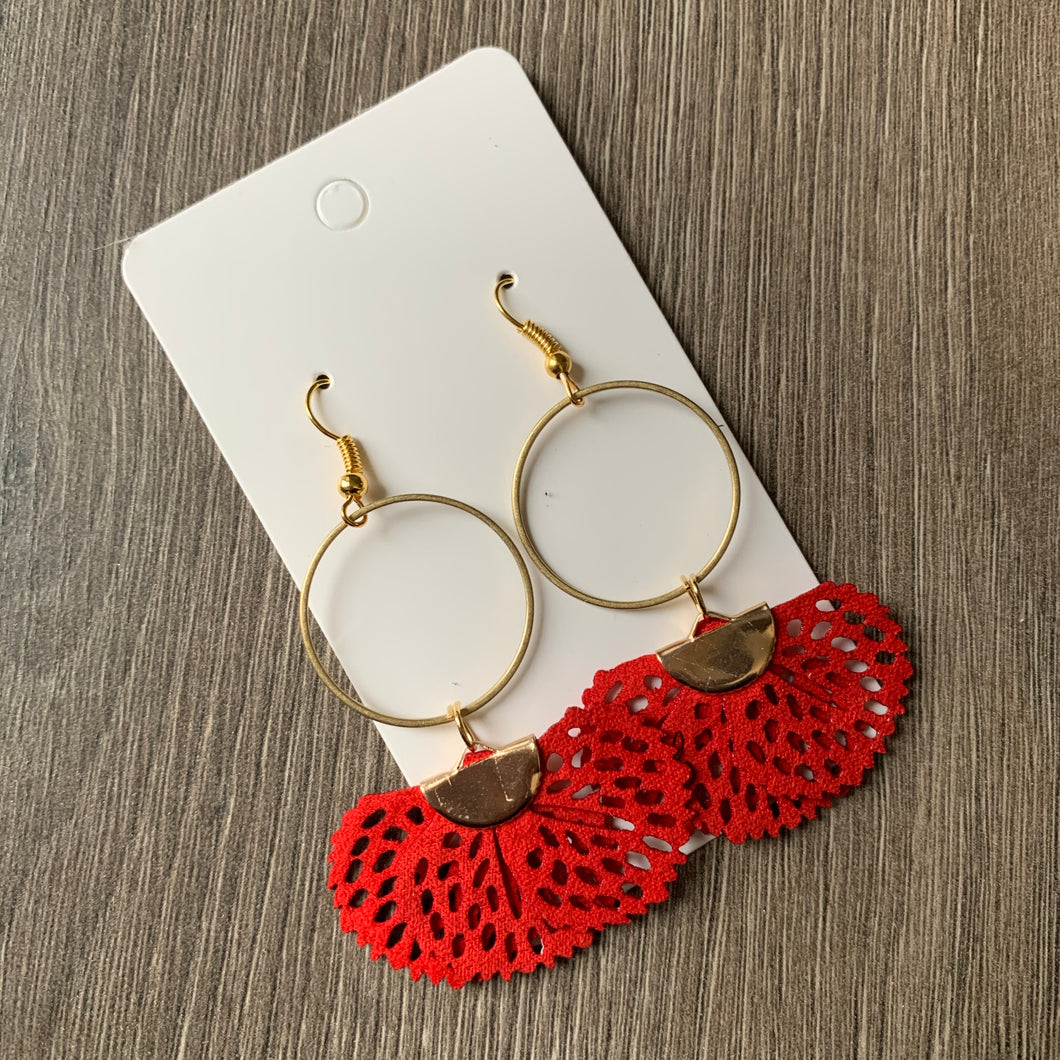 Red Fabric and Brass Drop Earrings