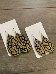 Gold and Black Leopard Teardrop Leather Earrings