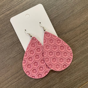 Pink Honeycomb Teardrop Leather Earrings