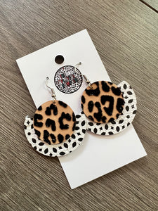 Leopard Black and White Circle Fringe Leather Earrings
