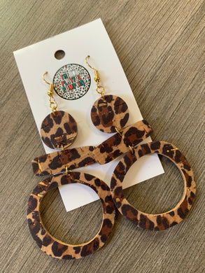 Large Leopard Drop Cork Leather Earrings