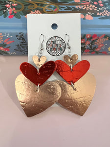 Large Pink and Red Heart Drop Cork Leather Earrings
