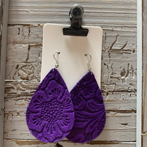 Purple Embossed Teardrop Leather Earrings