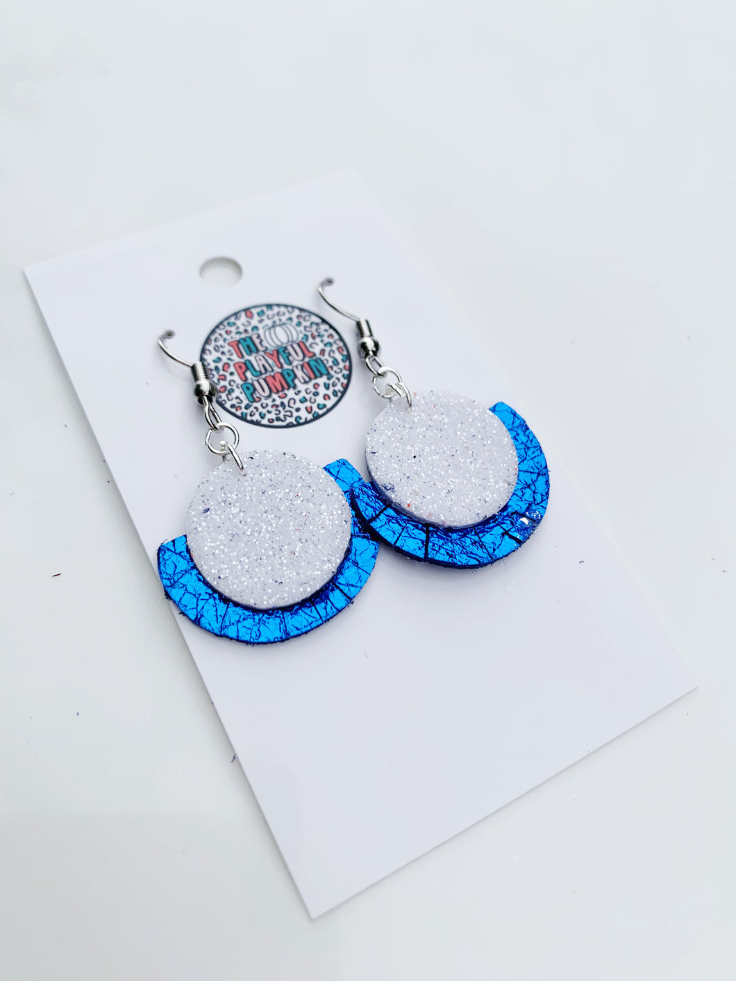 Small Blue and White Fringe Circle Leather Earrings