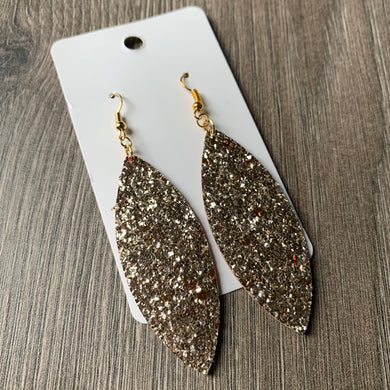 Gold Glitter Skinny Leaf Leather Earrings