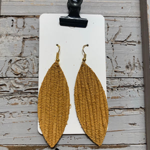 Mustard Embossed Skinny Leaf Leather Earrings