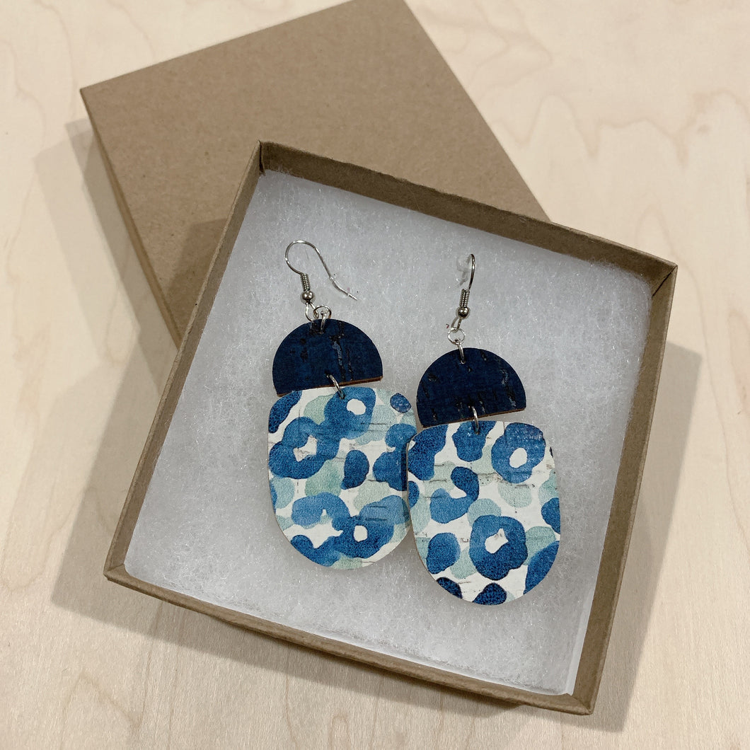 Navy and Blue Leopard Drops Cork Leather Earrings