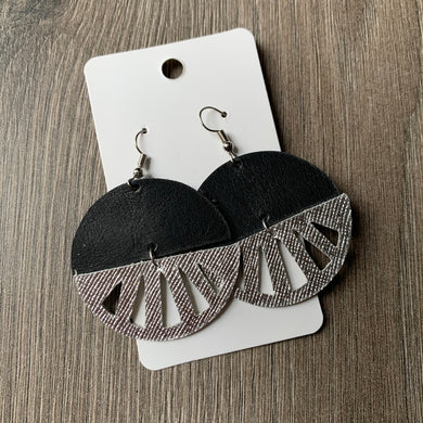 Silver and Black Cutout Circle Leather Earrings