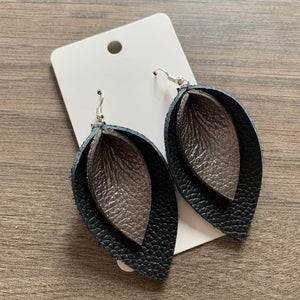 Black and Gunmetal Double Petal Leather Earrings
