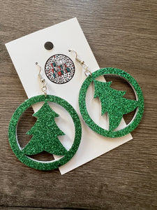 Glitter Christmas Tree Circle Earrings