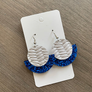 White and Blue Glitter Small Circle Leather Earrings