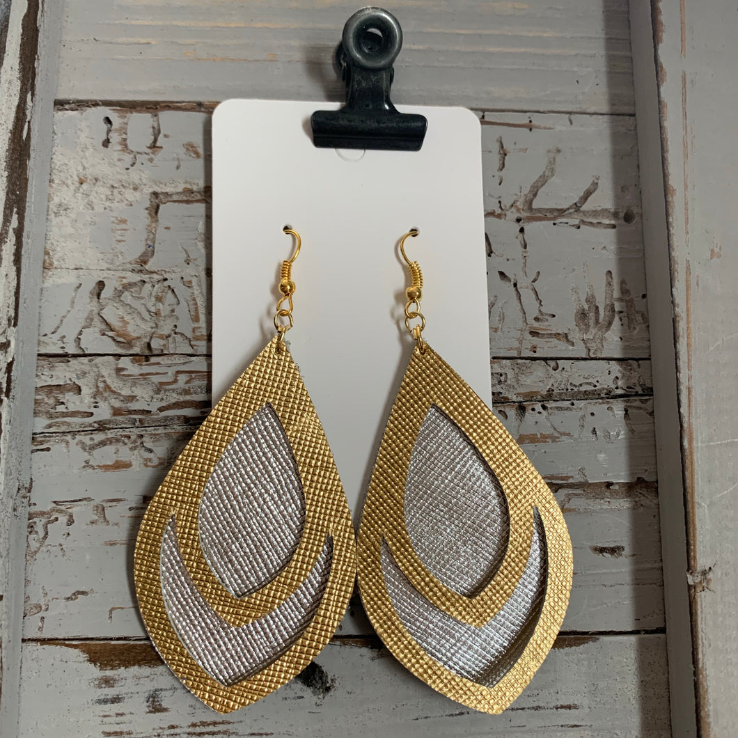 Silver and Gold Double Teardrop Leather Earrings