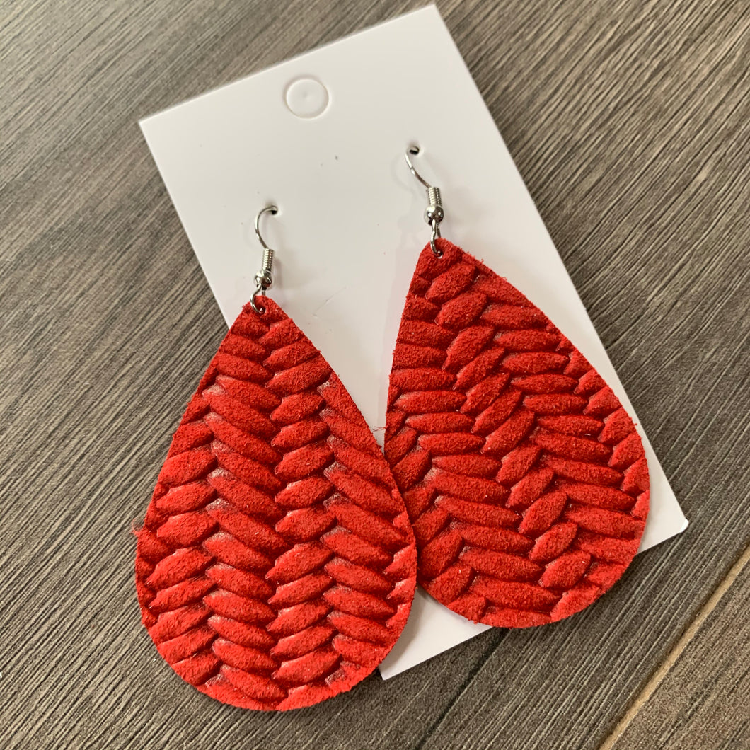 Red Braided Teardrop Leather Earrings