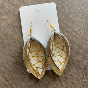 Gold Crackle Double Petal Leather Earrings