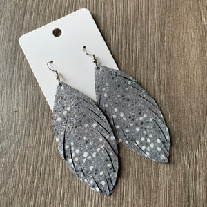 Gray Pebble Skinny Feather Leather Earrings