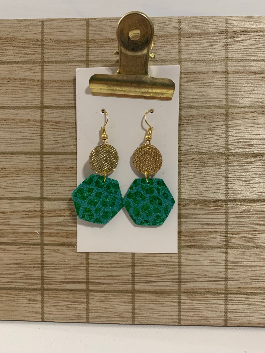 Gold and Green Leopard Hexi Drops Leather Earrings