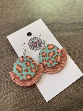 Mint and Blush Leopard Circle Leather Earrings